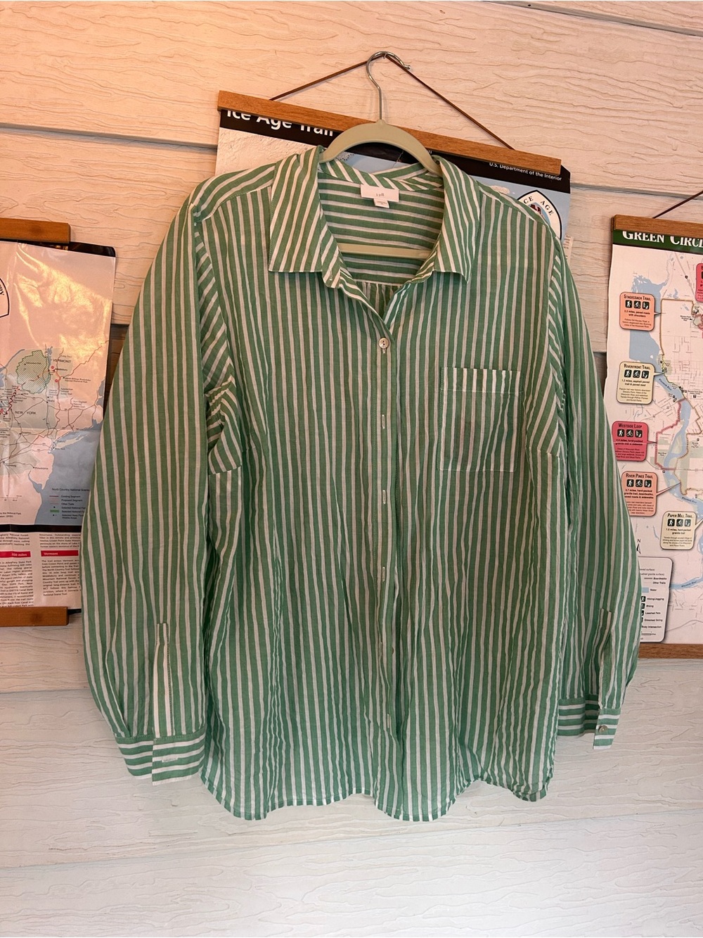 J Jill green striped button down shirt